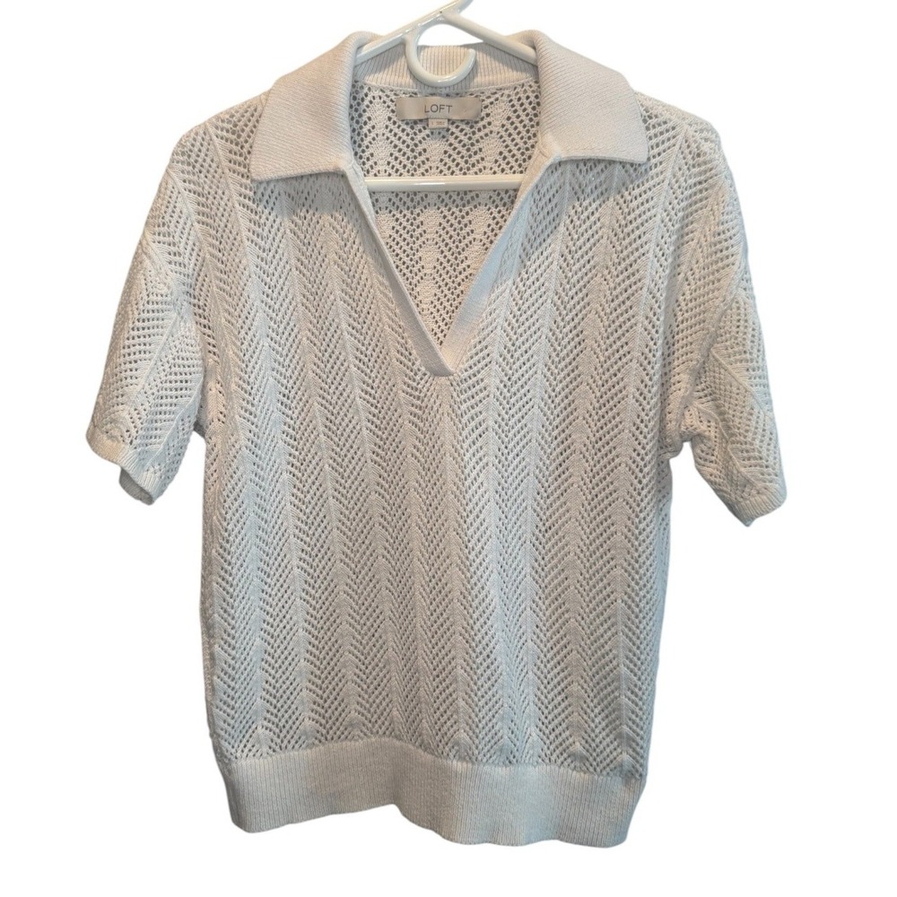 LOFT Women White Sweater Polo Pointelle Knit Short Sleeve V-Neck L Minimalist